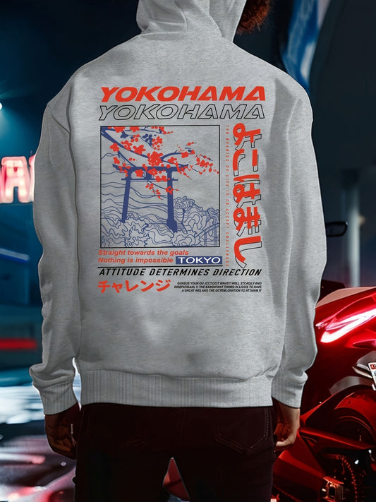 Men's Tokyo-Inspired Loose Drop Shoulder Hoodie - Casual Long Sleeve Pullover with Cherry Blossom & Japanese Motif, Polyester, Fall/Winter Streetwear