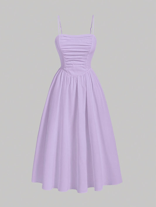 Elegant Lavender Off-Shoulder A-Line Dress - Polyester, Ruched Detail, Machine Washable, Perfect for Spring/Summer, Lavender Dress