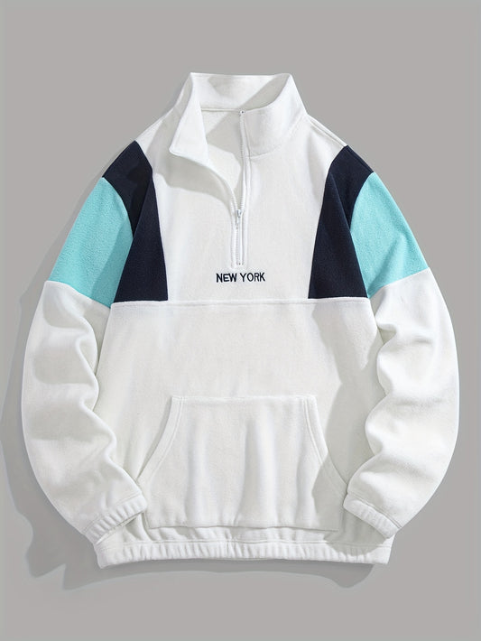 Padded fleece contrast panels embroidered mid-turtleneck zip-up pullover pocket sweatshirt