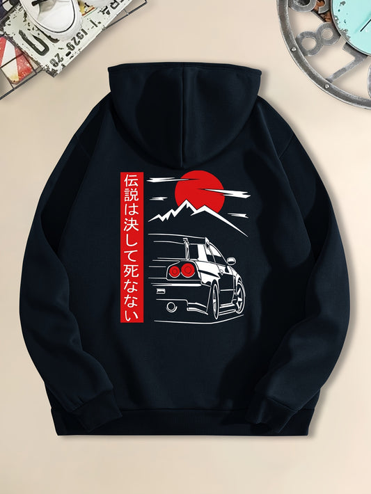 Men's Casual Black Hoodie with Sunset Sports Car Graphic - Cozy Long Sleeve Hooded Sweatshirt, Polyester, Machine Washable for Autumn & Winter, Sweater Hoodie