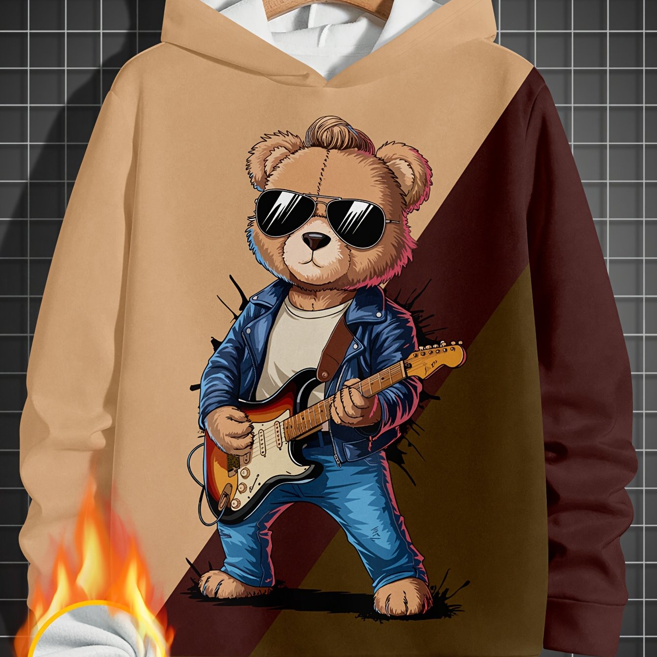 Men's Fleece-Lined Hoodie with Guitar Bear Print - Casual & Trendy Color Block Pullover, Long Sleeve, Machine Washable