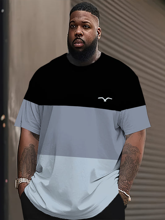 A Large Size Men'S Color-Blocked T-Shirt Featuring a Digital Print of a Bird, Designed for Summer Outdoor Casual Sports with a Round Neck And Short Sleeves, Plus Size