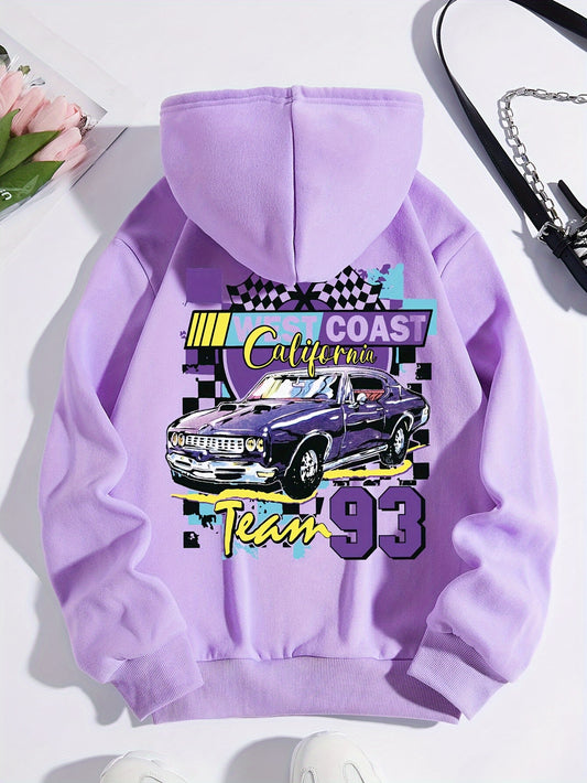 Women's Vibrant Purple Sports Car Graphic Hoodie - " California Team 236.22cm Print, Long Sleeve, Polyester Pullover with Pockets