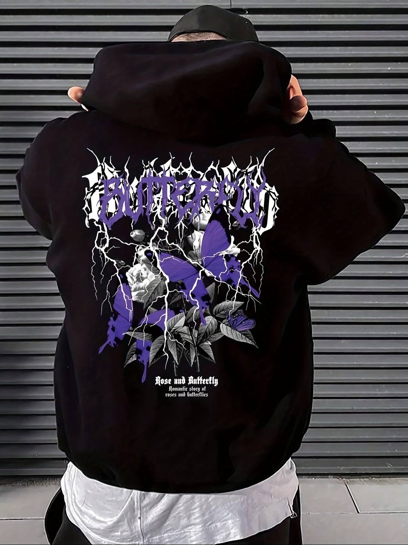 Men's Casual Hoodie with Letter and Butterfly Print, Fleece-Lined Loose Fit Pullover, Polyester, Non-Stretch Fabric - Ideal for Fall/Winter