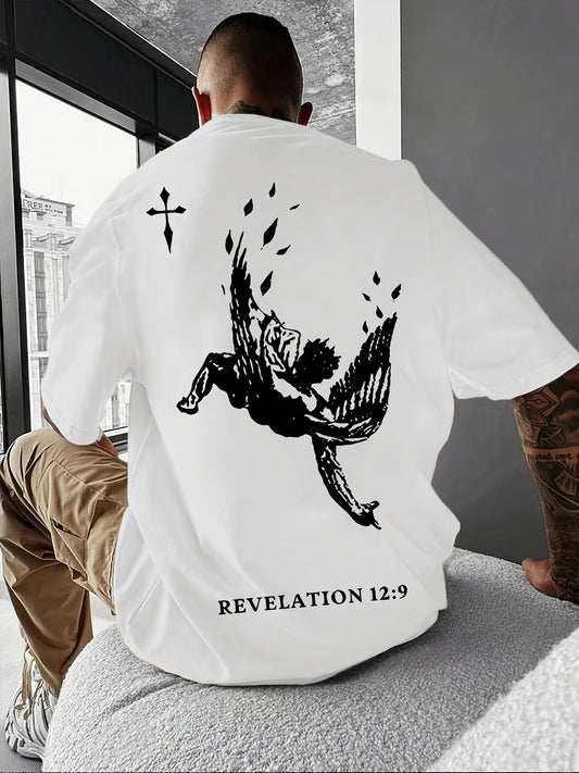 Men's Casual Crew Neck T-Shirt With Winged Man Falling Print, Comfort Fit Top With Modern Design