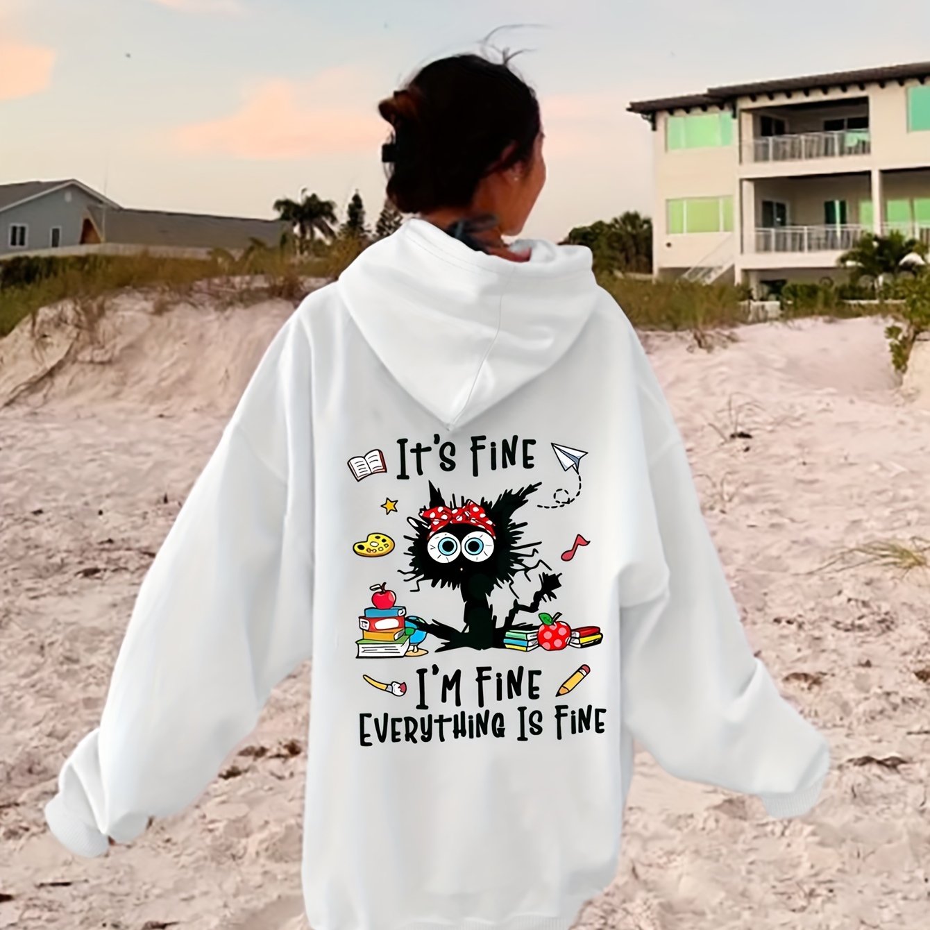 Cozy Cat & Letter Print Hoodie for Women - Casual Pullover with Kangaroo Pocket, Soft Stretch Polyester, Perfect for Fall/Winter