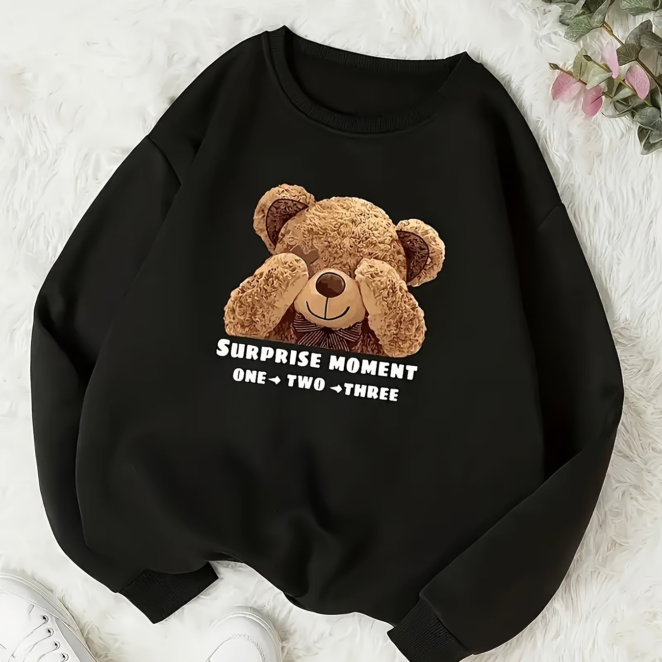 Women'S Long Sleeve Round Neck Sweatshirt with Bear Print, Casual Sports Hoodie, Polyester, Solid Color, No Belt, All-Season, Knitted Fabric, Adult Top