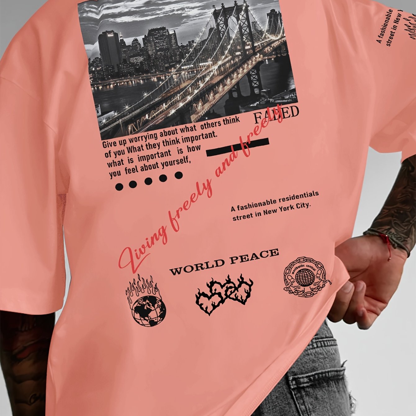 Men'S Fashion Graphic Print T-Shirt, Casual Loose Fit, Polyester Crew Neck Tee with Slight Stretch, with Inspirational Quotes and Peace Symbol, for Summer Knit Fabric Top