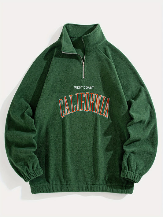Men's Embroidered Fleece Pullover Sweatshirt with Quarter-Zip Stand Collar - Casual Long Sleeve, Polyester Blend