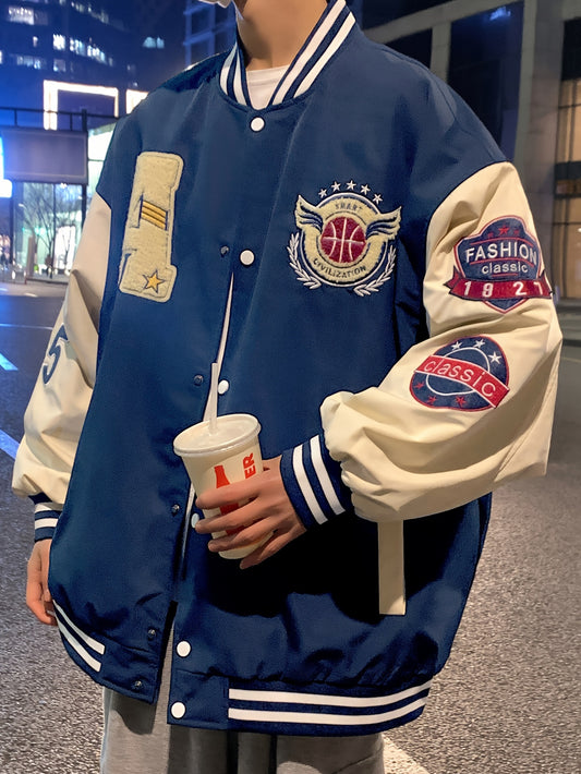 Men's Trendy Color Block Bomber Jacket with Large Patch Detail - Casual Baseball Collar, Long Sleeve, Polyester - Perfect for Fall & Winter