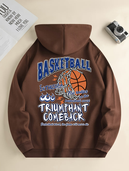 Basketball Print Kangaroo Pocket Hoodie, Casual Long Sleeve Hoodies Sweatshirt, Men's Clothing, For Fall Winter