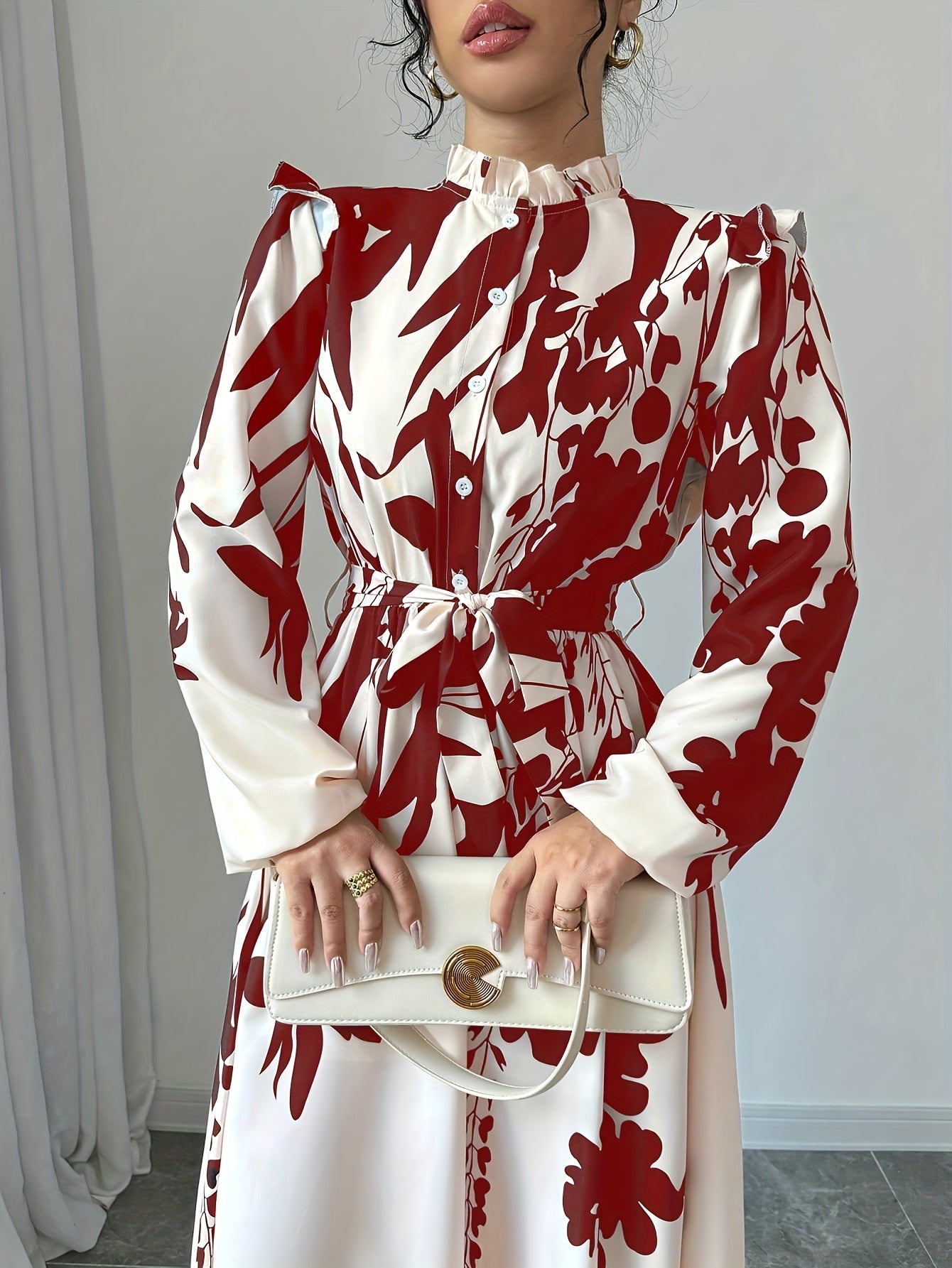 [1pc Floral Print A-Line Dress] 1pc Women'S Floral Print A-Line Dress with Waist Cinching, Polyester Fiber, Classic Collar, Autumn/Winter Season, 120g/m² Fabric Weight, 50g/m² Lining