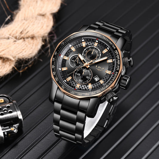 LIGE Big Dial Watch Men's Sport Quartz Clock Fashion Watches, Top Brand Waterproof Chronograph