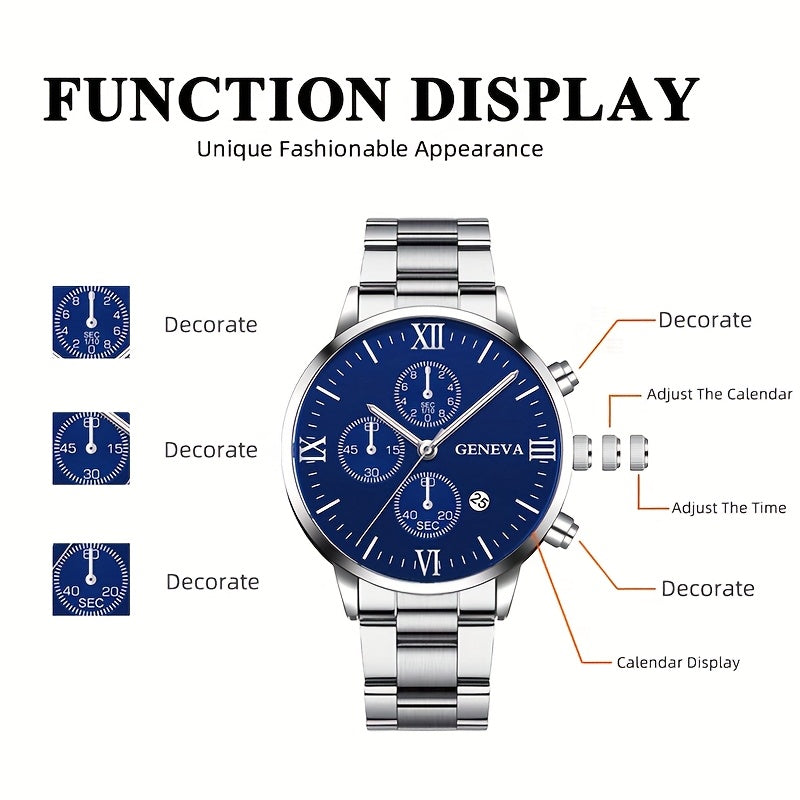 Luxury Gift Set For Men: Stainless Steel Quartz Watch With Calendar, Silvery Bracelet Necklace Ring - Perfect Accessories For Business And Leisure