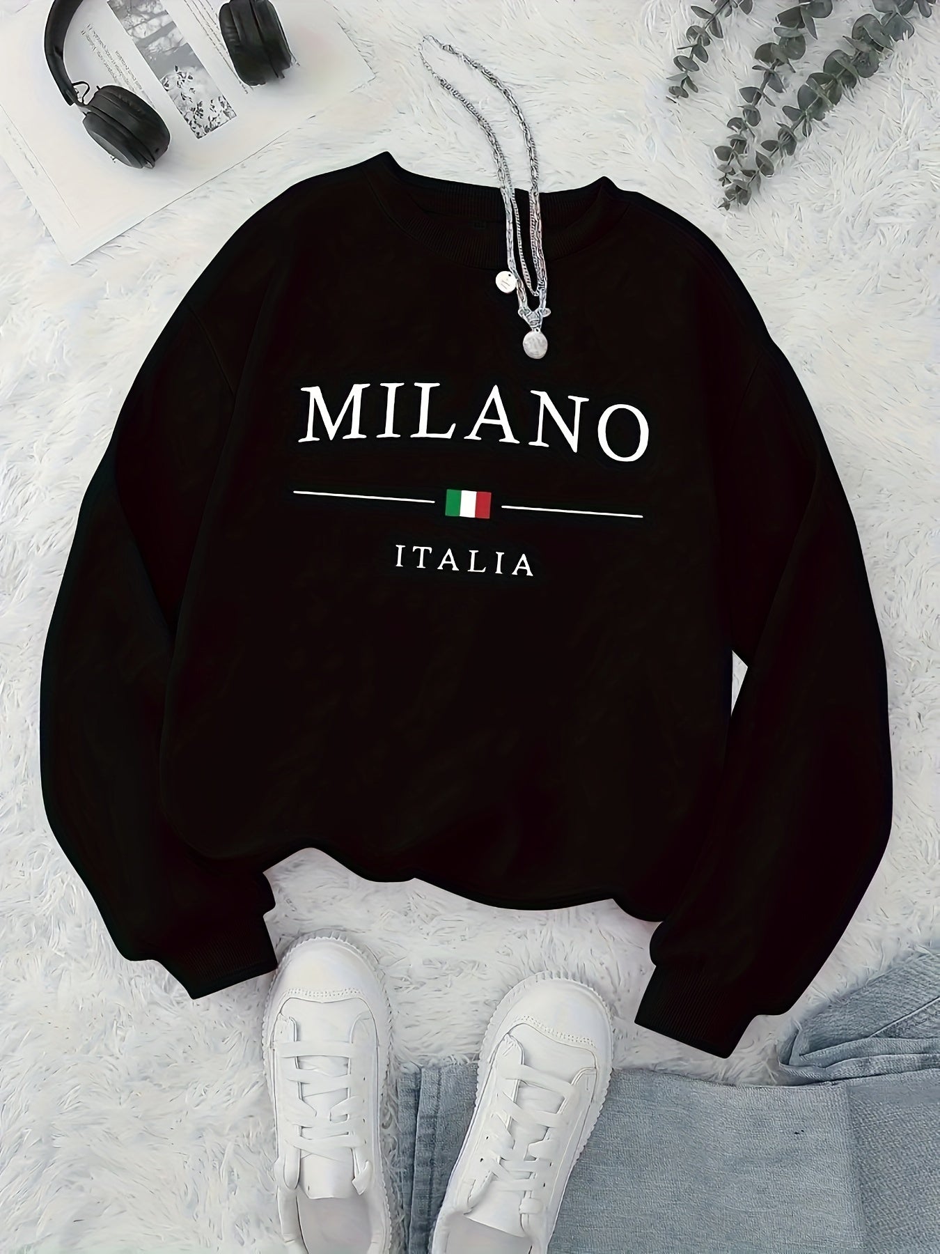 MILANO Print Pullover Sweatshirt, Casual Long Sleeve Crew Neck Sweatshirt For Fall & Winter, Women's Clothing