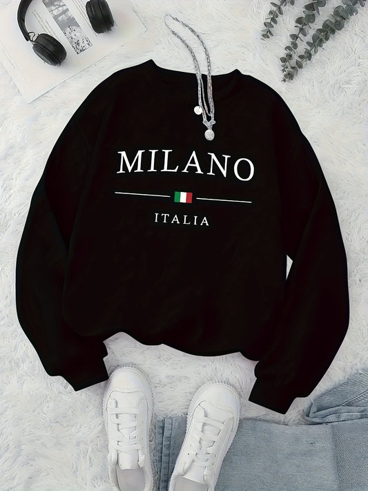 MILANO Print Pullover Sweatshirt, Casual Long Sleeve Crew Neck Sweatshirt For Fall & Winter, Women's Clothing