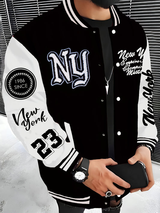 New York Embroidered Varsity Jacket - Men's Casual Fleece-Lined Baseball Coat, Lightweight & Warm for Fall/Winter, Machine Washable, Autumn, Hip Hop, Christmas & New Year, Leisure Style, Leisure Outing Occasion, Conventional