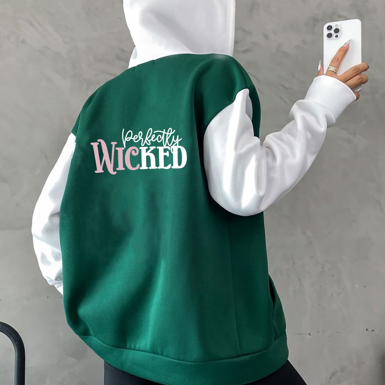 Wicked Witch-Inspired Fall/Winter Hoodie - Casual Zip-Up with Letter Print, Drawstring & Pockets, Cozy Fleece Lining, Patchwork, Sweater