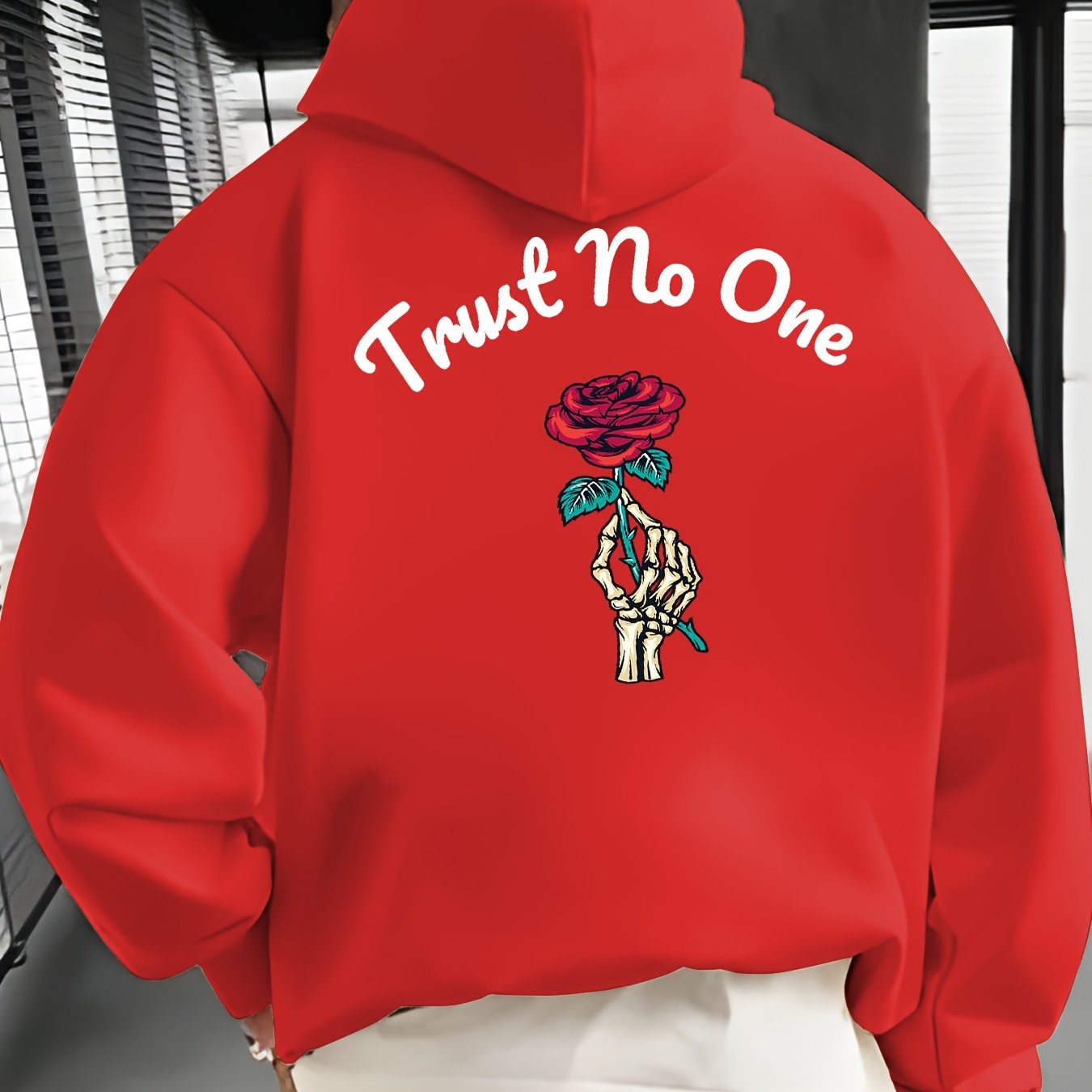 Rose Print Kangaroo Pocket Hoodie, Casual Long Sleeve Hoodies Pullover Sweatshirt, Men's Clothing, For Fall Winter