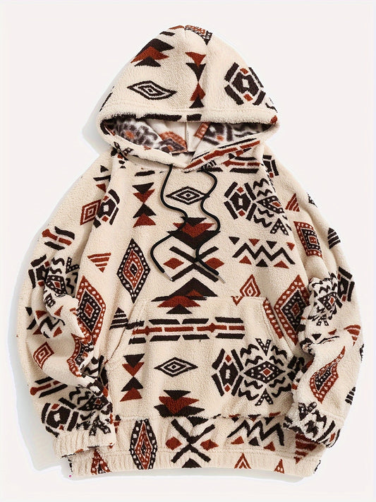 Men'S Flannel Hoodie, Vintage Geometric Print, Casual Versatile, Regular Length, Long Sleeves, Winter, Drawstring, Knit Fabric, Super Loose Fit, Fashionable Cap Sweatshirt