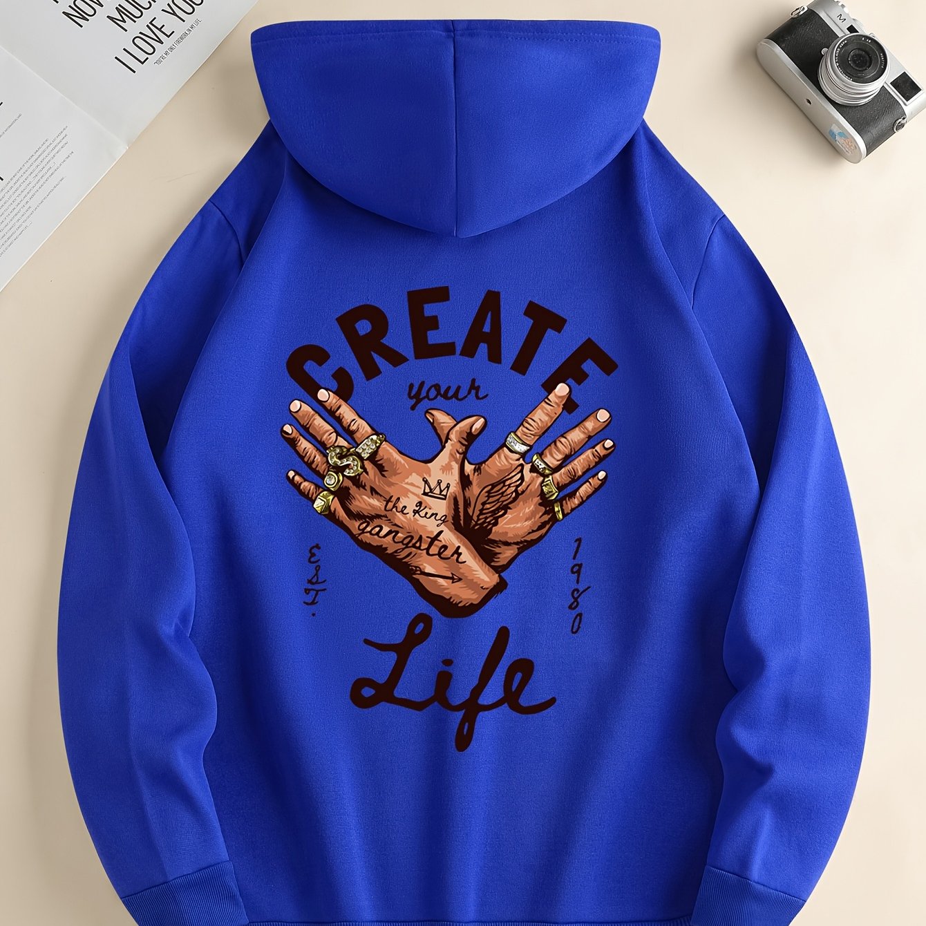 1pc Men'S Casual Street Gang Gesture Print Hoodie, Polyester Knit Fabric with Slight Stretch, Regular Fit Hooded Sweatshirt with Drawstring and Kangaroo Pocket, All-Season Top