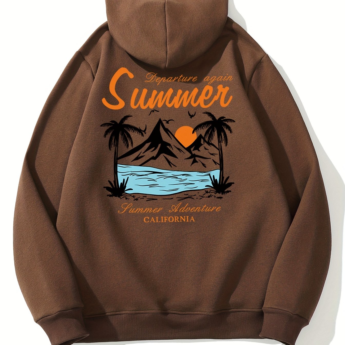 Men's California Summer Adventure Graphic Hoodie - Brown Polyester, Machine Washable, Knit Fabric with Hood, Non-Transparent, Print Design