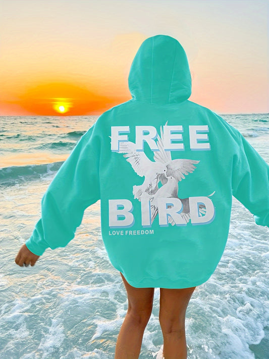 SPECHIR Women'S Polyester Hoodie with Free Bird Love Freedom Print, Animal Pattern, Knit Fabric, Hooded Collar, Stretch Fit (95% Polyester, 5% Elastane) - Fall/Winter Fashion Sweatshirt