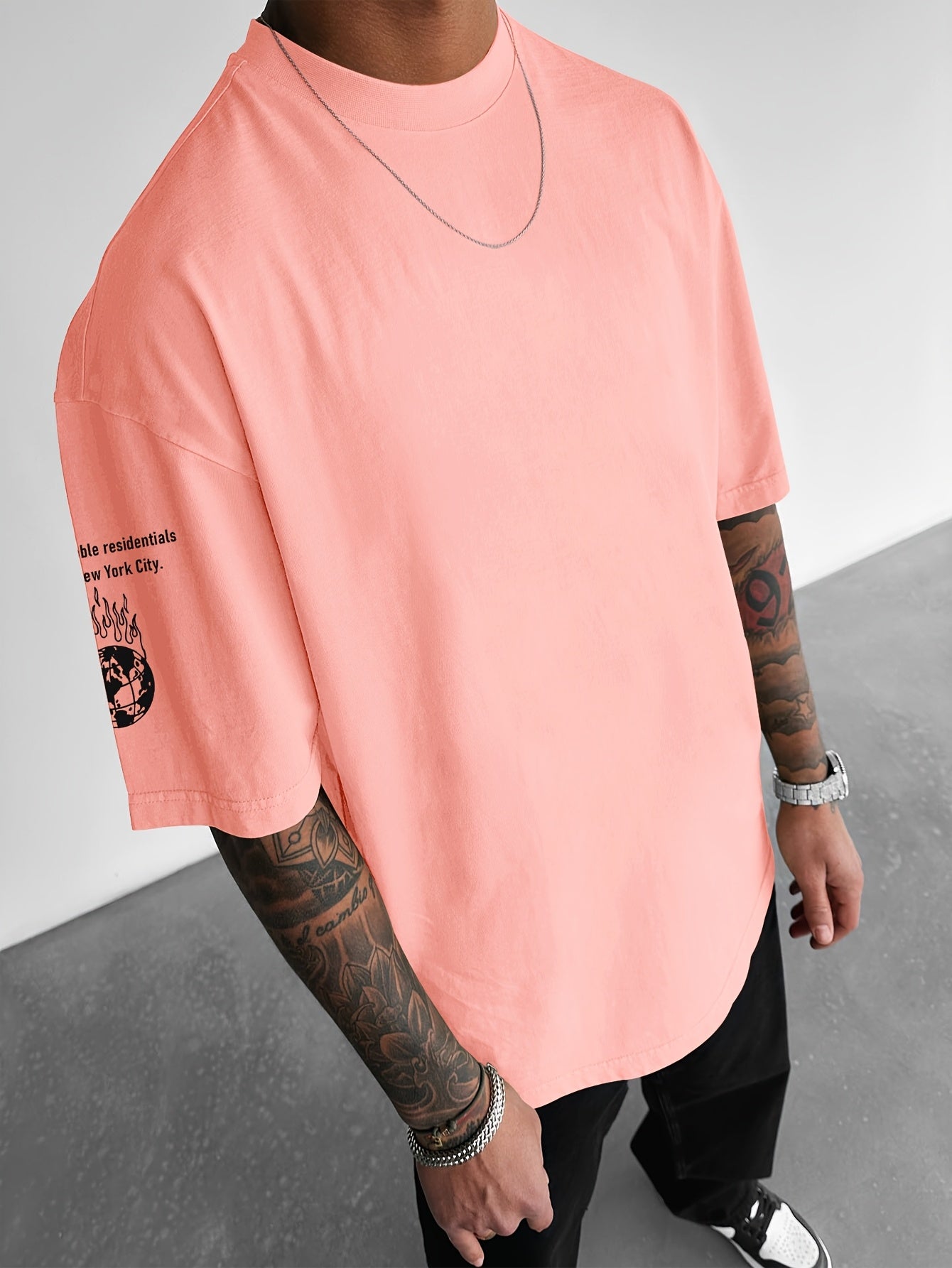 Men'S Fashion Graphic Print T-Shirt, Casual Loose Fit, Polyester Crew Neck Tee with Slight Stretch, with Inspirational Quotes and Peace Symbol, for Summer Knit Fabric Top