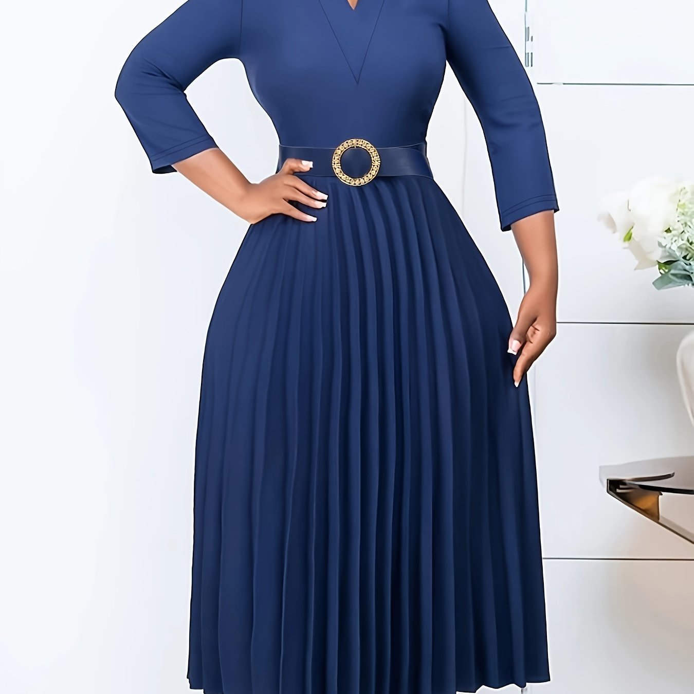 Elegant Solid Color V-Neck Pleated Dress with Belt - 3/4 Sleeve, Stretch Fabric, Machine Washable - Perfect for Spring/Summer/Fall