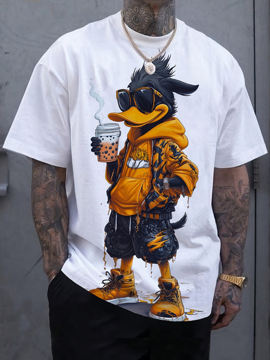 1pc Men'S Cool Duck Print T-Shirt, Casual Crew Neck Short Sleeve, Summer Knit Polyester Tee with Slight Stretch, Regular Fit Outdoor Wear