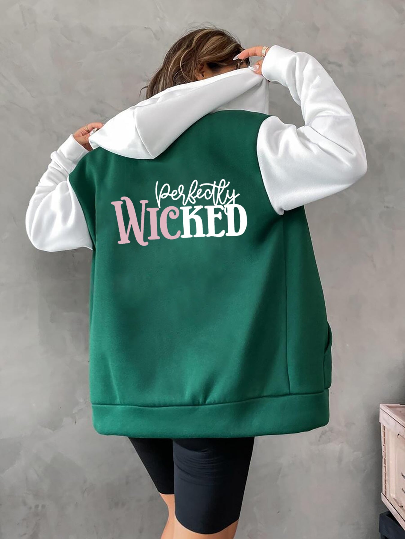 Wicked Witch-Inspired Fall/Winter Hoodie - Casual Zip-Up with Letter Print, Drawstring & Pockets, Cozy Fleece Lining, Patchwork, Sweater