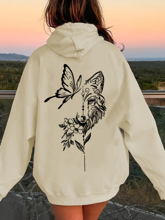 Women's Fashion Hoodie, Spring/Autumn/Winter, Polyester, Casual Style, Butterfly & Animal Face Floral Print, Pullover with Hood, Knit Fabric, Ladies Fashion Sweatshirt