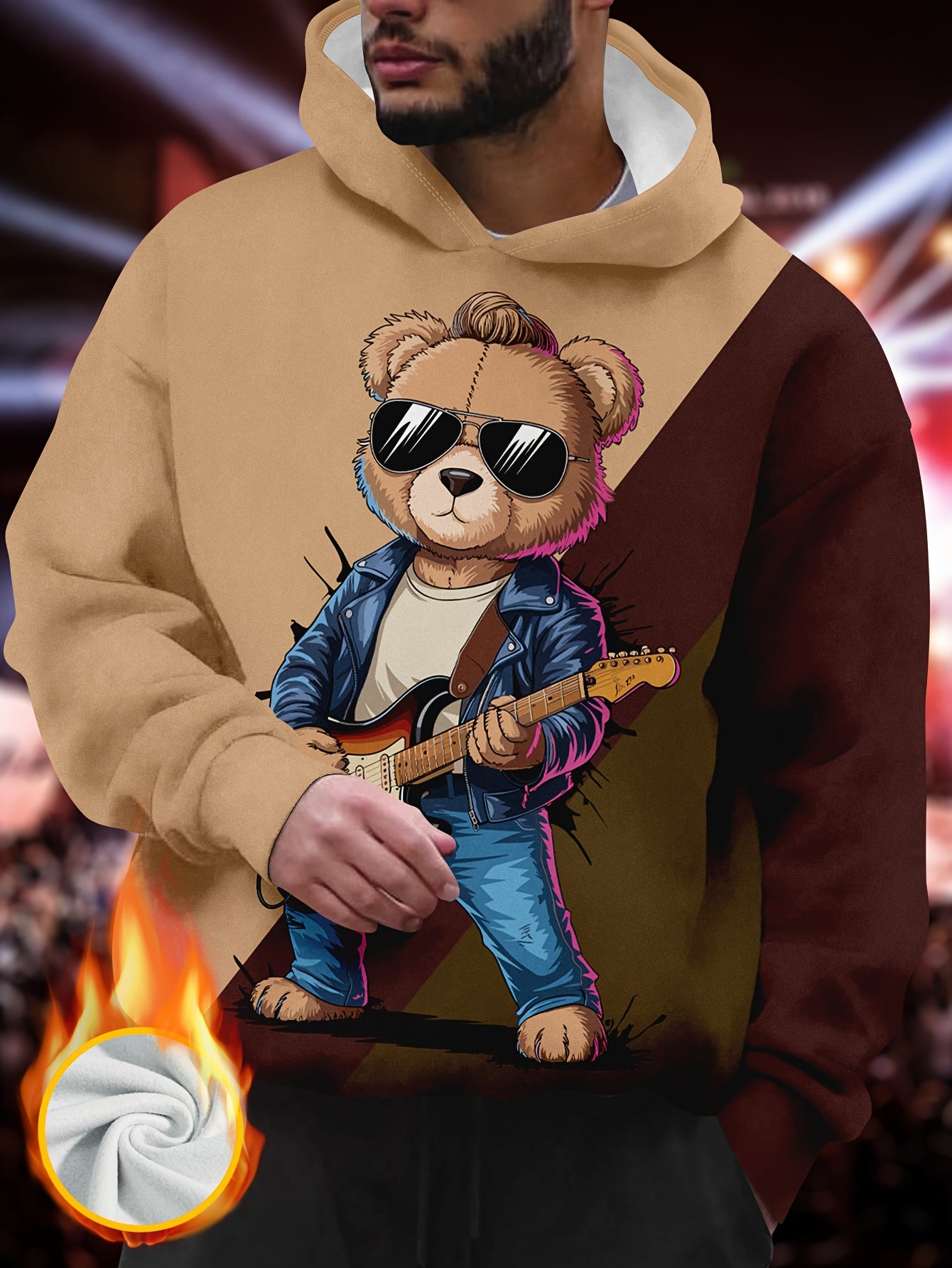 Men's Fleece-Lined Hoodie with Guitar Bear Print - Casual & Trendy Color Block Pullover, Long Sleeve, Machine Washable