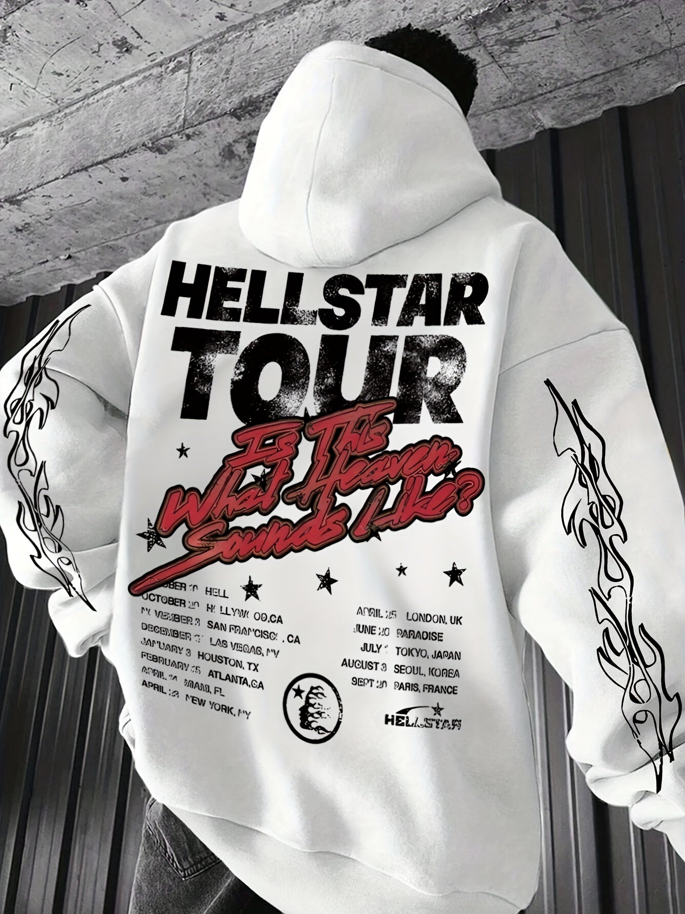 Hellstar Tour Graphic Hoodie, Unisex Print Drop Shoulder Crew Neck Sweatshirt, Casual Long Sleeve Pullover for Men, 100% Polyester Knit Fabric, Slight Stretch, Animal Pattern, Regular Fit - 250gsm