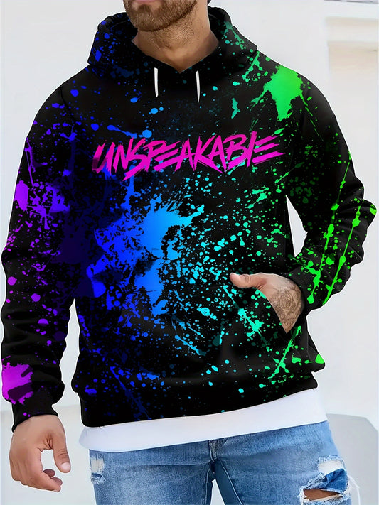 1pc Men'S Unstoppable Graffiti Hoodie, 3D Digital Print, Geometric Pattern, Long Sleeve, Hooded, Knit Fabric, Slight Stretch, Party Style, Regular Fit, No Padding, Polyester, 220g/m2 - Autumn/Winter Warmth