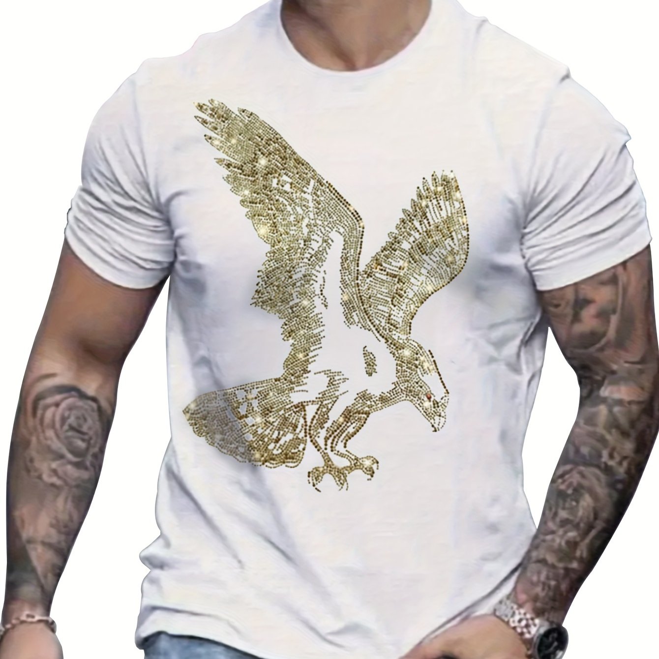 Funny Eagle Graphic T-Shirt with Rhinestone Bling, Comfortable Crewneck Short Sleeve Summer Tee, Cotton - HZCX FASHION