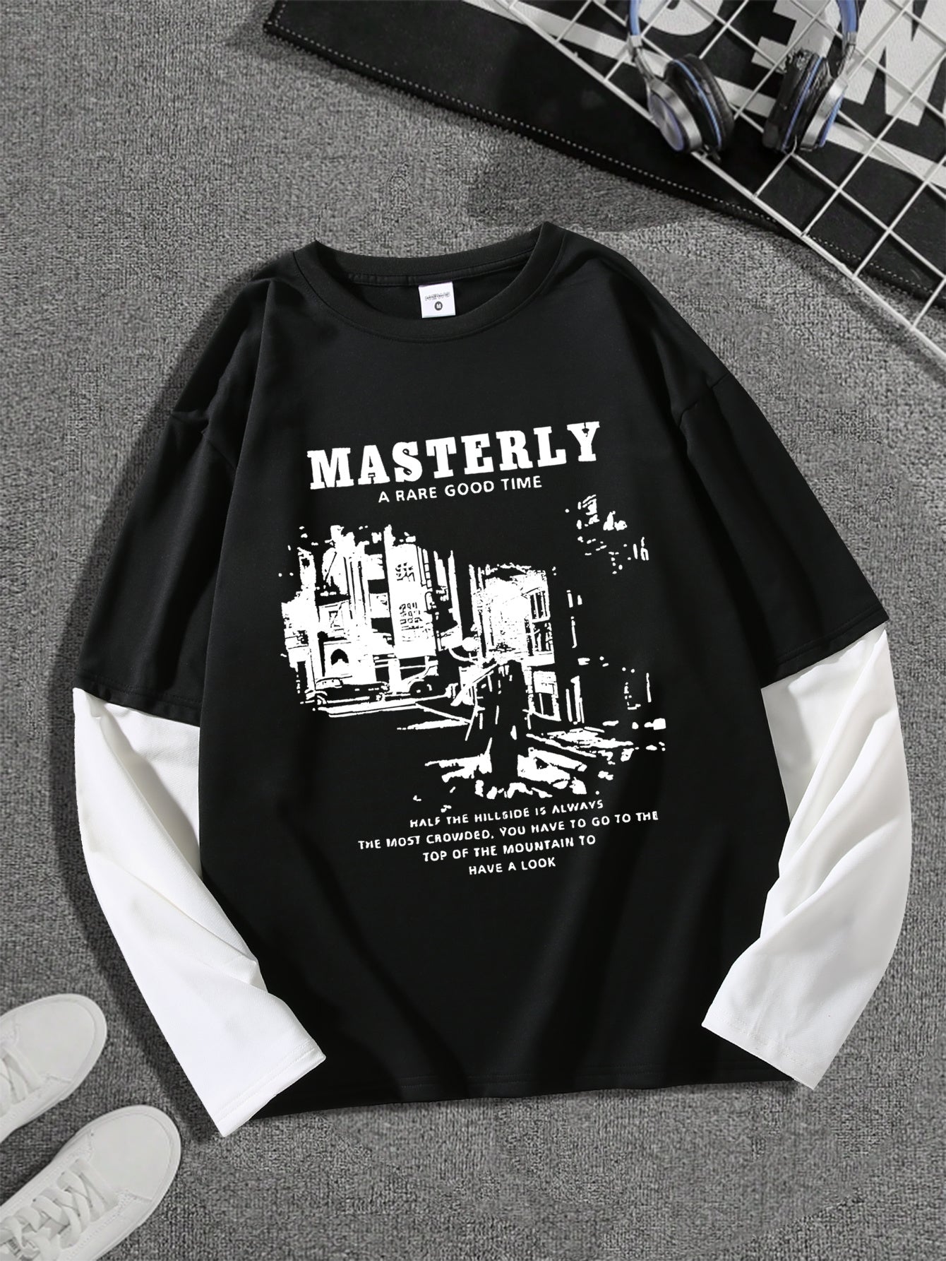 1pc Men'S Casual Street Gentleman Graphic Tee, American Trendy Oversized T-Shirt, Polyester Stretch Fabric, Round Neck, Loose Fit, All-Season Top
