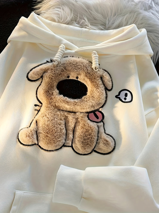 Bear Texture Drawstring Hoodie, Casual Long Sleeve Kangaroo Pocket Sweatshirt For Fall & Winter, Women's Clothing