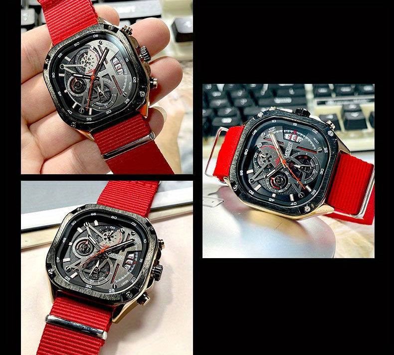 MEGIR Black Quartz Watch Men Square Dial Wristwatch with Chronograph Stainless Steel Strap Luminous Hands Auto Date