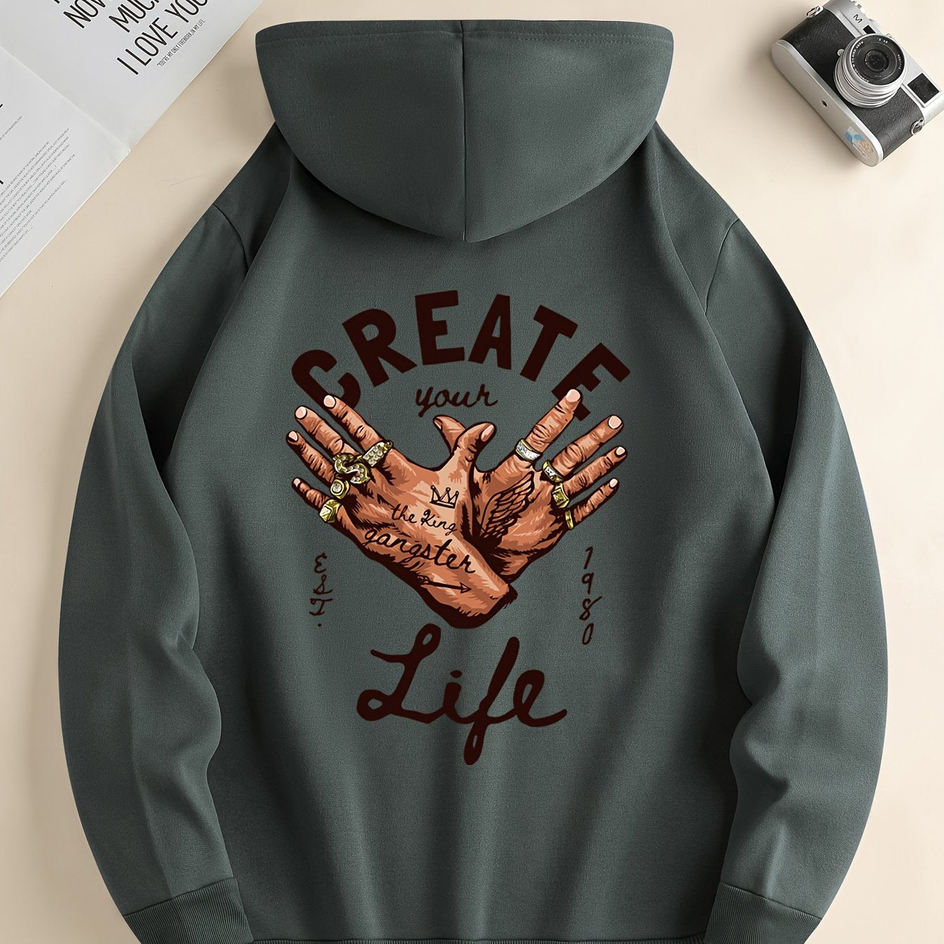 1pc Men'S Casual Street Gang Gesture Print Hoodie, Polyester Knit Fabric with Slight Stretch, Regular Fit Hooded Sweatshirt with Drawstring and Kangaroo Pocket, All-Season Top