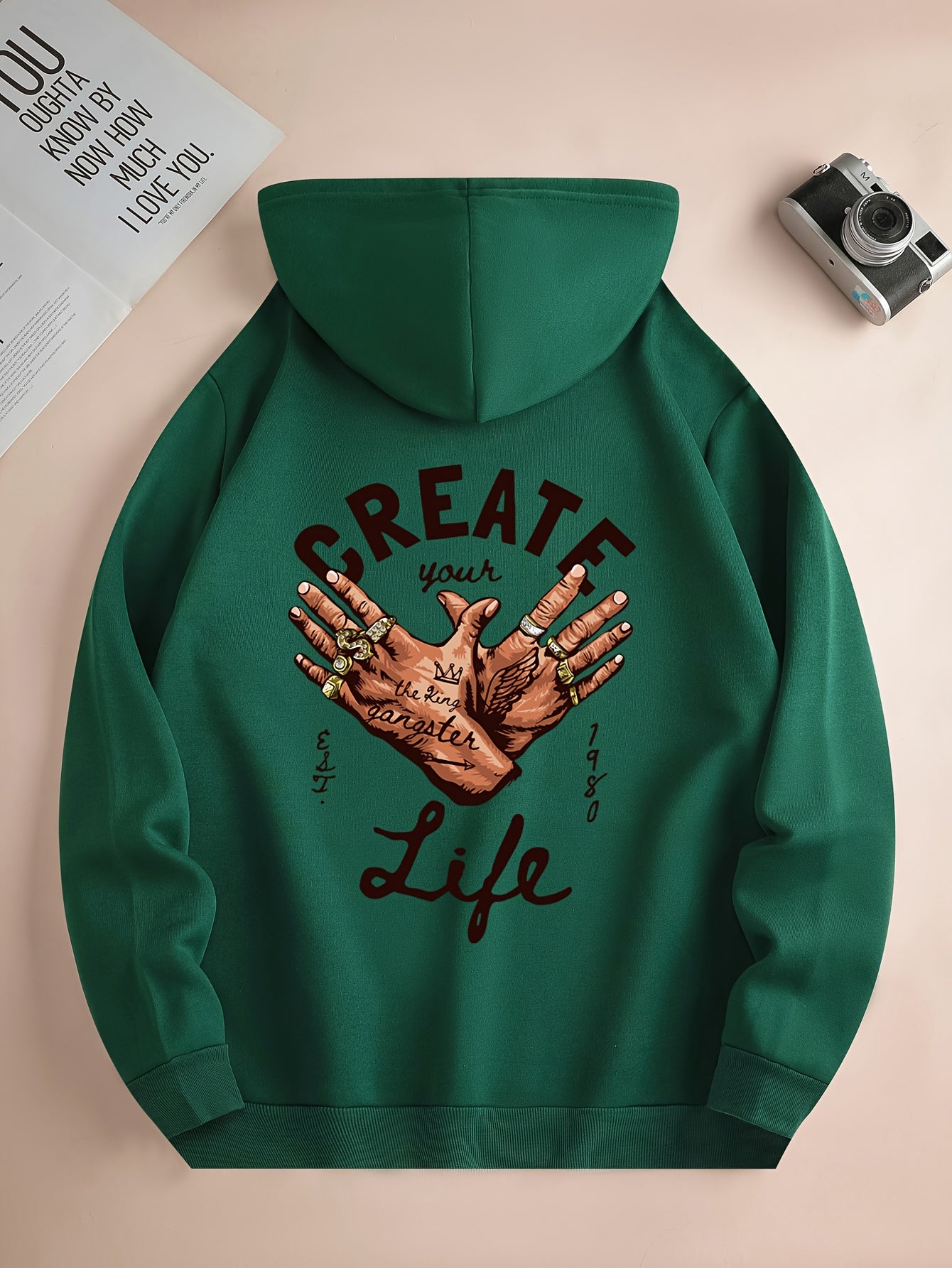 1pc Men'S Casual Street Gang Gesture Print Hoodie, Polyester Knit Fabric with Slight Stretch, Regular Fit Hooded Sweatshirt with Drawstring and Kangaroo Pocket, All-Season Top