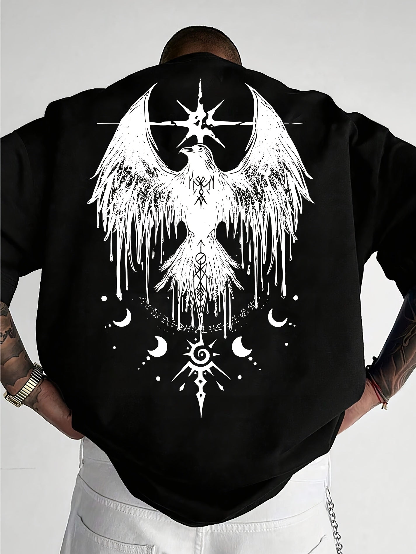 Men'S Raven Totem Print T-Shirt, 100% Polyester, Street Style, Loose Fit, Crew Neck, Slight Stretch Knit Fabric, Animal Pattern, for Summer