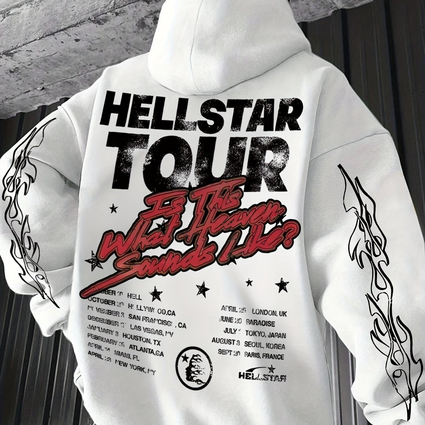 Hellstar Tour Graphic Hoodie, Unisex Print Drop Shoulder Crew Neck Sweatshirt, Casual Long Sleeve Pullover for Men, 100% Polyester Knit Fabric, Slight Stretch, Animal Pattern, Regular Fit - 250gsm