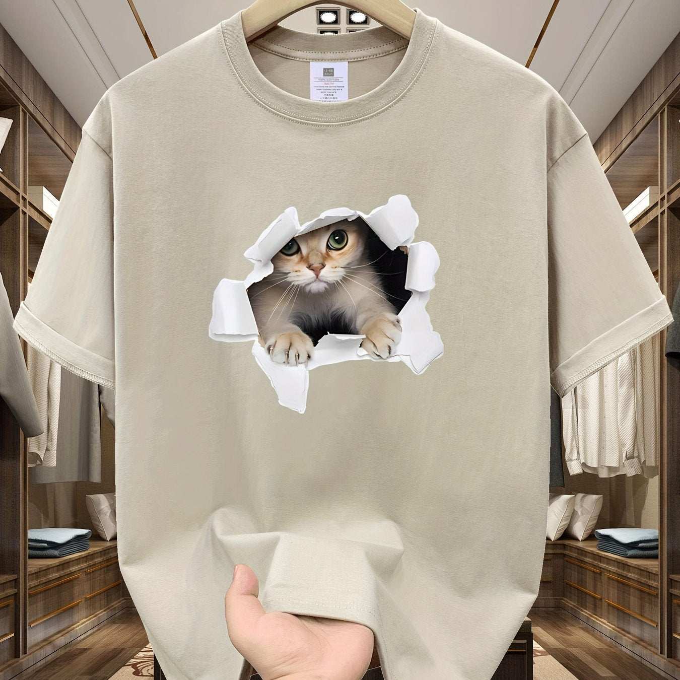 Men's 100% Cotton Loose Cat Graphic Print T-shirt, Short Sleeve Crew Neck Tee, Men's Clothing For Summer Outdoor
