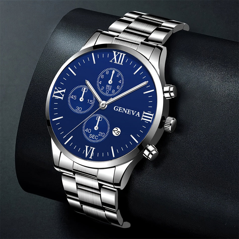 Luxury Gift Set For Men: Stainless Steel Quartz Watch With Calendar, Silvery Bracelet Necklace Ring - Perfect Accessories For Business And Leisure