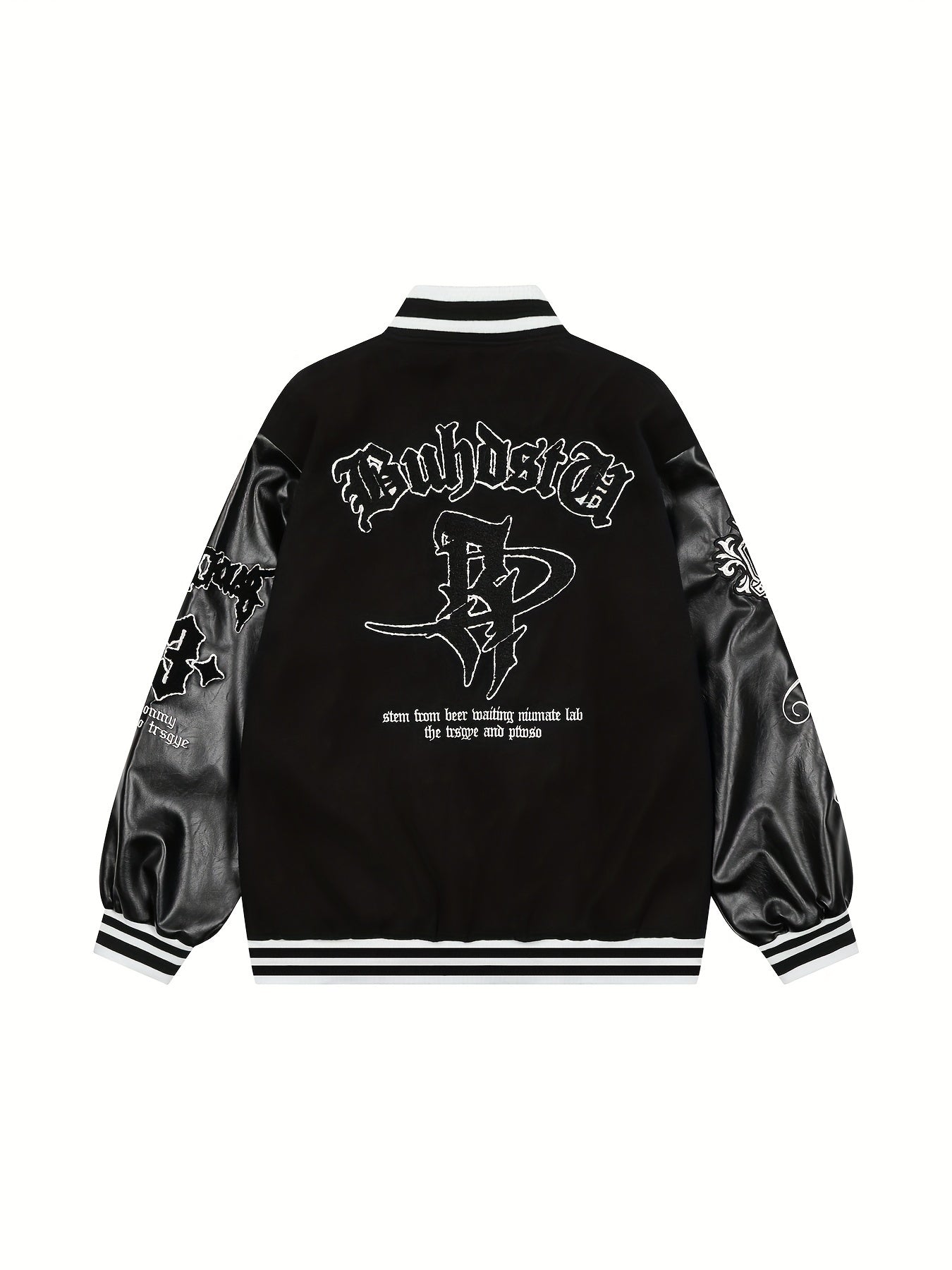 BEMCSHO Men's Casual Baseball Jacket Polyester - Letter Embroidered Geometric-Pattern PU Leather Sleeve Fall/Winter Varsity Jacket with Baseball Collar, Slight Stretch, Regular Fit