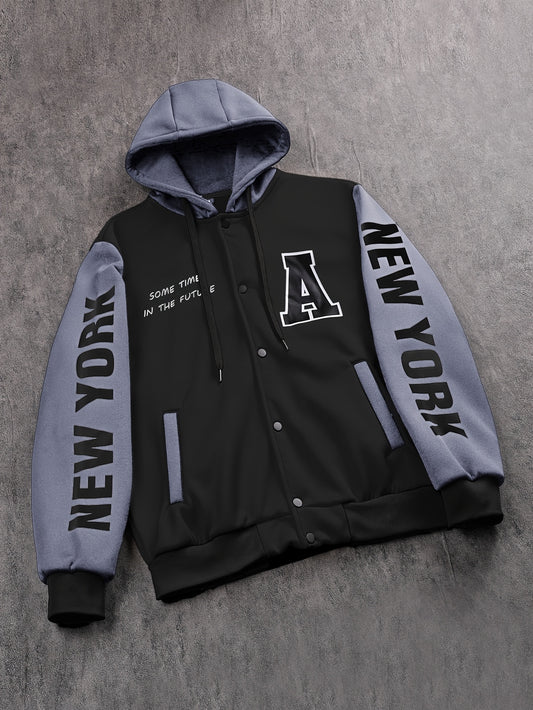 1pc Men'S Casual Knit Fabric Hooded Jacket with Letter Print, Long Sleeve, Snap Closure, Pocket Detail, No Lining - Daily & Casual Wear Baseball Style Hoodie