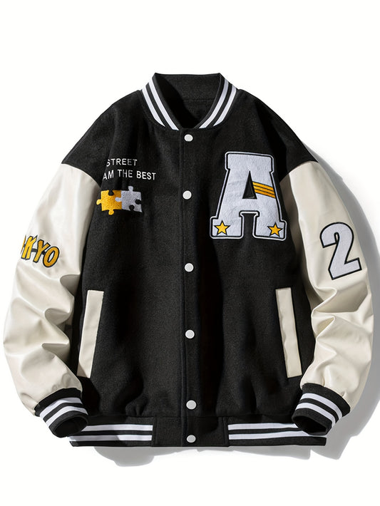 Men's Color Matching Letters Embroidery Print Striped Baseball Jacket With Pockets, Casual Stand Collar Button Up Long Sleeve Varsity Jacket For Outdoor