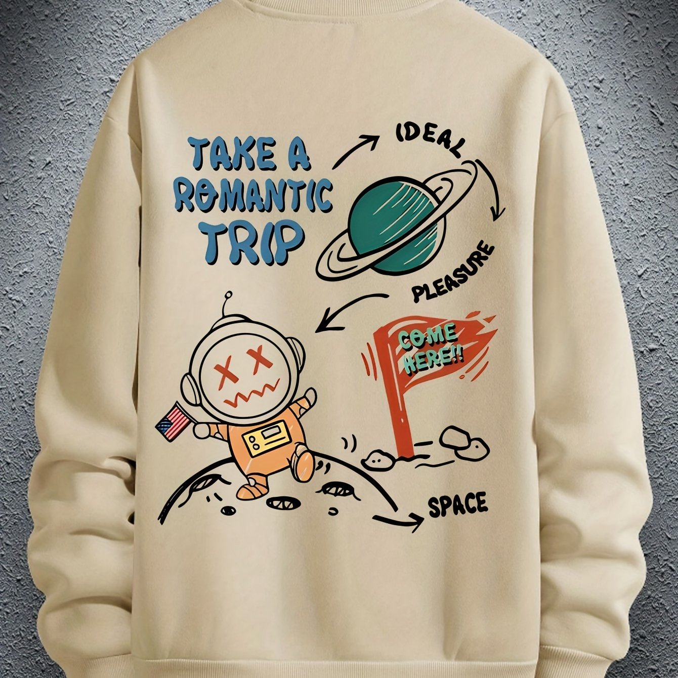 Men's Astronaut Cartoon Print Round Neck Hoodie - Bull King