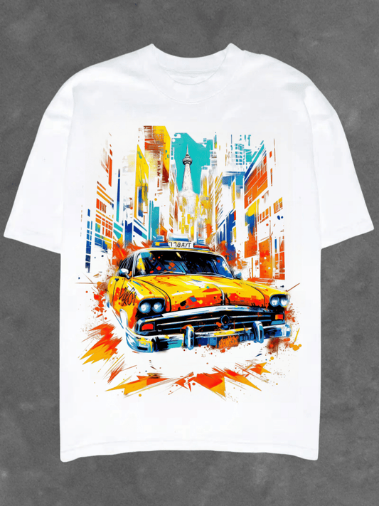 Yellow Taxi In City Blocks Print, Men's Novel Graphic Design T-shirt, Leisure Comfy Tees For Summer, Men's Clothing Tops For Daily Activities